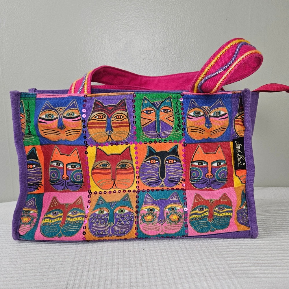 Laurel Burch Cat Faces Zip Top Tote Purse Multicolor Sequin Rainbow Shoulder Bag